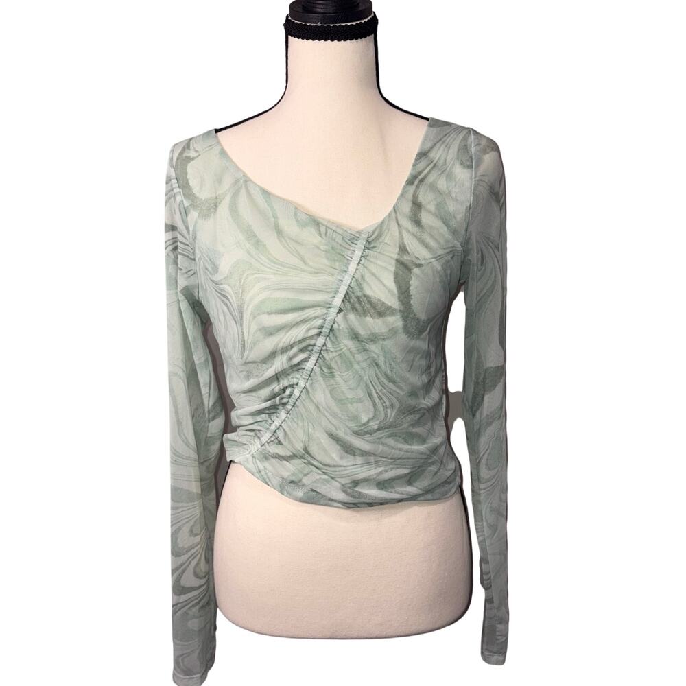 Euphoria Earthcore Sage Green Marble Mesh Ruched Top Forever 21‎ LG